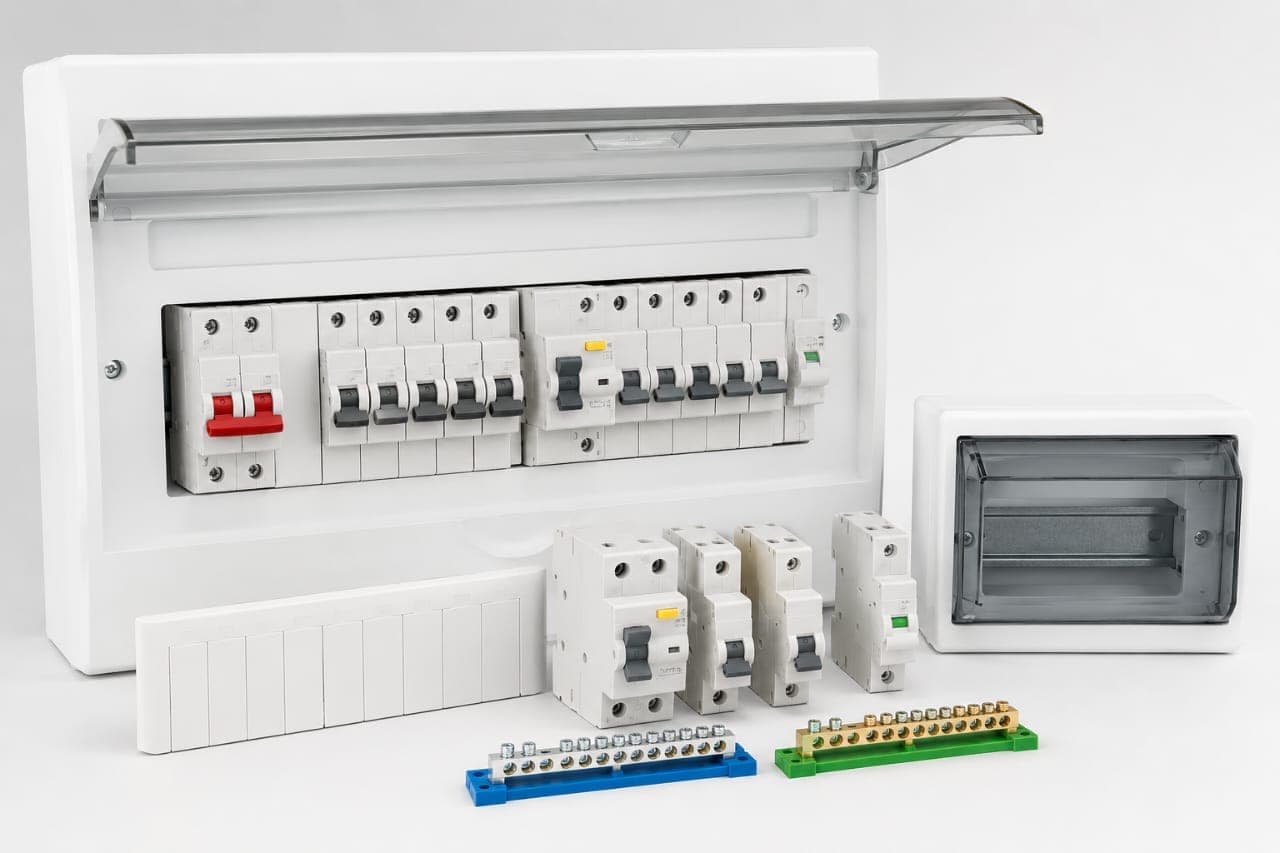 A range of circuit breakers, isolators, earth-leakage units and a distribution enclosure