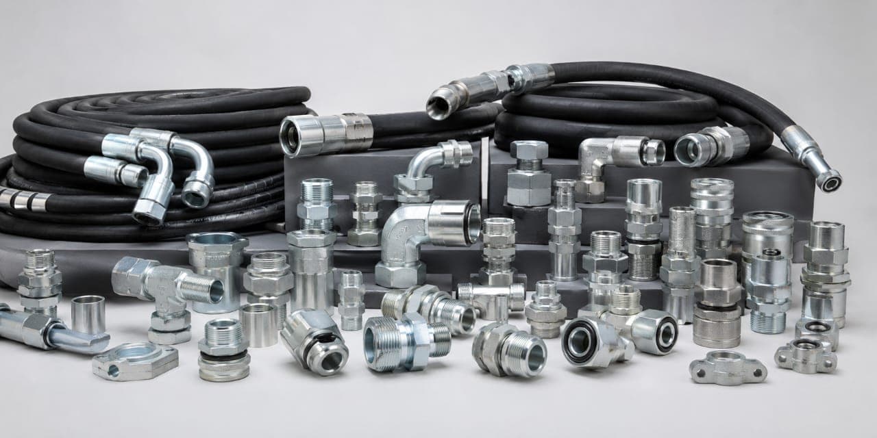 Hydraulic hoses, adapters and fittings of many sizes laid out together
