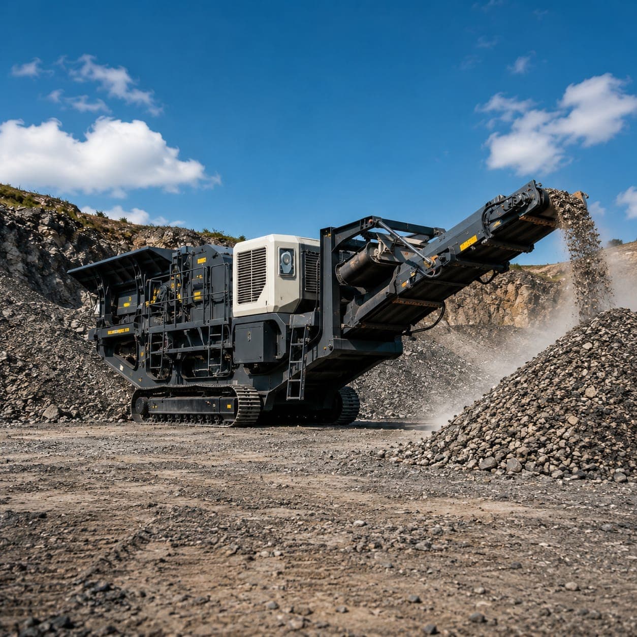 A tracked mobile jaw crusher discharging crushed rock onto a stockpile at a quarry